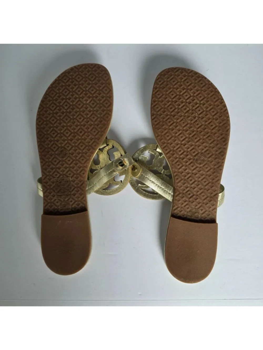 Tory Burch Miller Metallic Gold Leather Vacation Thong Sandals Logo Slide. Sz 9M